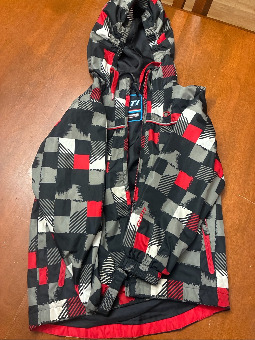 Children's Plaid Hooded Winter Jacket - Black, Gray & Red
